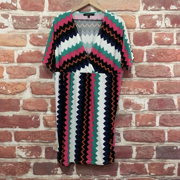 Caleaas Dress Women's Large Multicolor Striped Abstract Stretchy Casual Popover - Picture 6 of 8